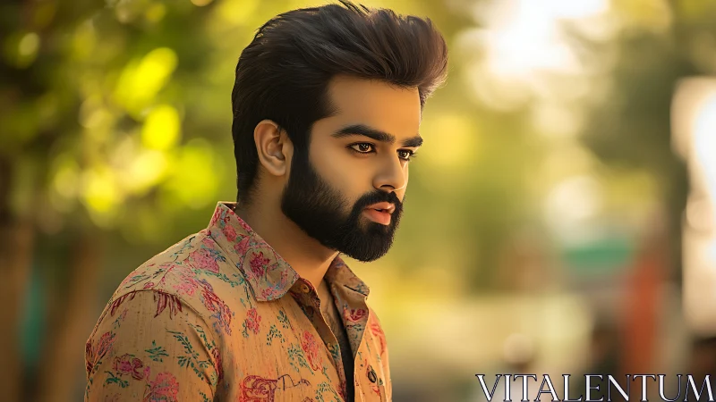 Photorealistic male portrait in shallow-depth outdoor bokeh style.