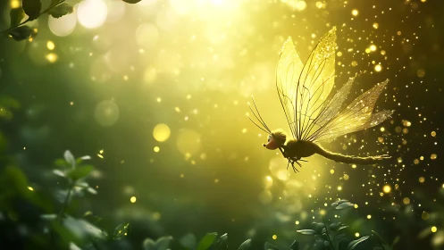 Glowing cartoon firefly with sparkles in lush green forest.