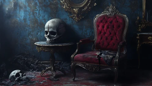 Velvet throne and quiet skulls in a moody gothic parlor.