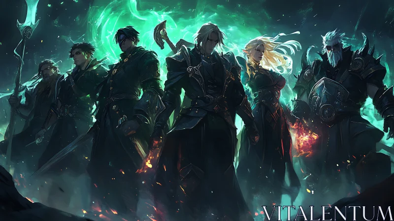 Group of armored fantasy figures in green-lit environment.