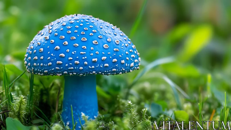 Blue mushroom stands in sharp focus against soft green background