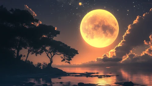 Large golden moon above calm coastal trees at dusk.