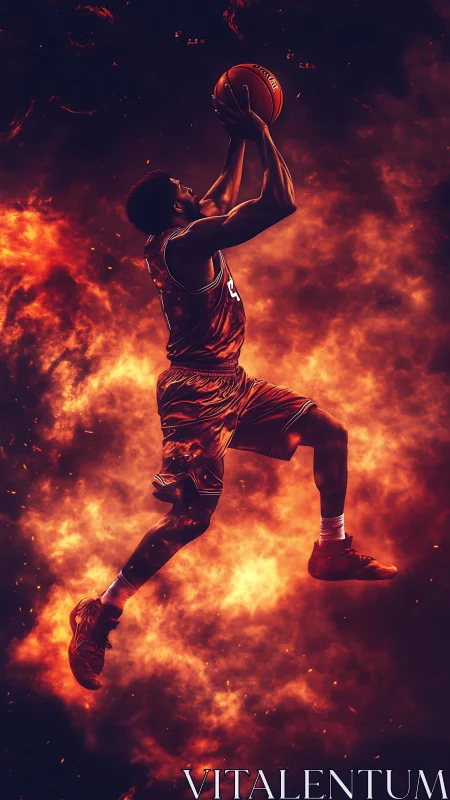 Basketball player midair jump shot in fiery digital scene.