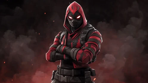 Hooded cyber rogue in glowing red armor amid drifting smoke.