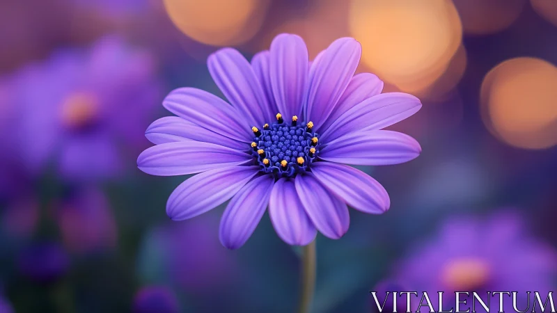 Purple Daisy Bloom with Golden Center in Soft Focus.