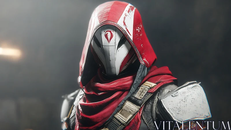 Hooded sci fi sentinel in worn red armor portrait.