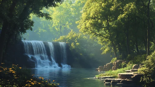 Sunlit forest waterfall welcoming quiet wanderers.