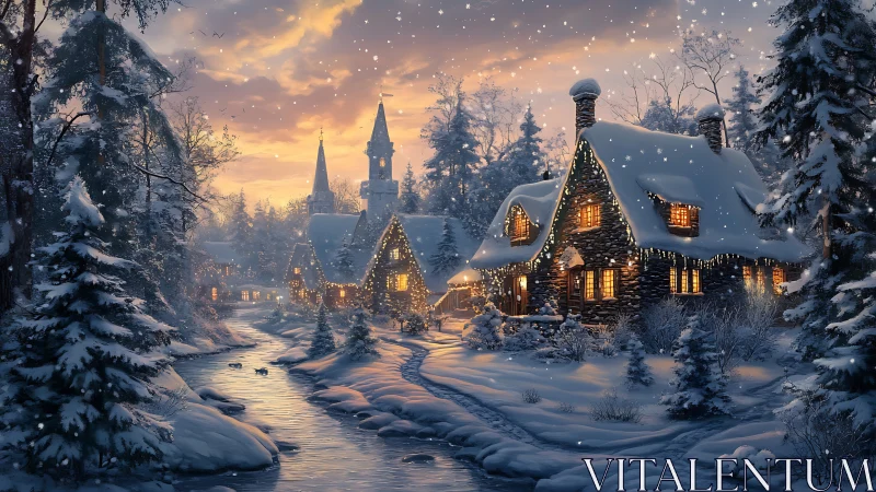 Snow covered village cottages by stream at dusk in winter.