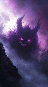 Shadowy purple monster emerging from swirling storm clouds.