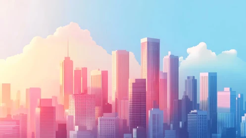 Pastel skyscraper skyline glows under soft sunrise light.
