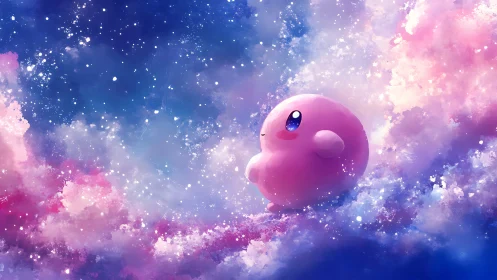 Pink star-shaped creature drifts gently through pastel cosmos