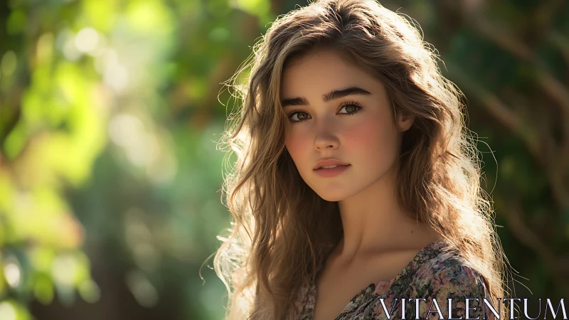 Soft sunlight frames serene young woman in garden portrait.