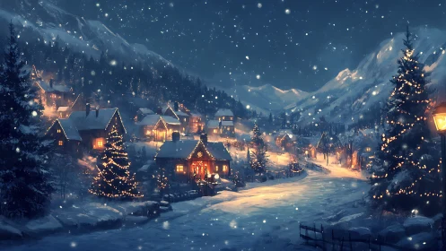 Snowy mountain village glows with winter holiday lights