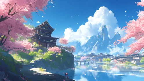 Serene riverside temple basks under cherry blossoms and peaks