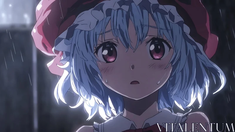 Rainlit anime girl with blue hair and red cap stares upward.