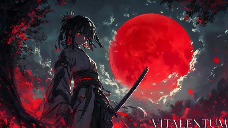 Blade-wielding shrine warrior under ominous crimson moon.