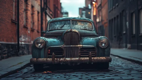 Rusty vintage car stands abandoned on narrow cobblestone street