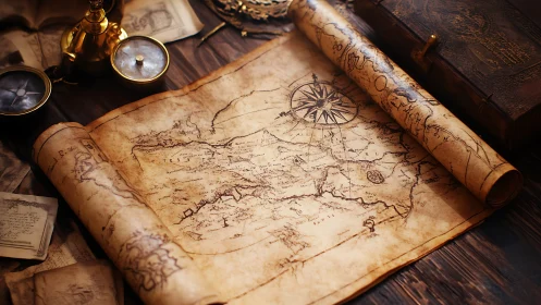 Vintage nautical map with compass and old navigation tools.