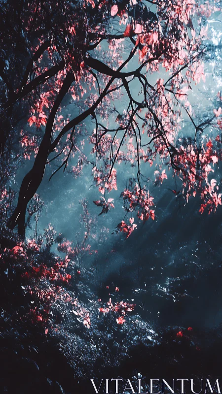 Crimson forest canopy cuts through misty cyan light.