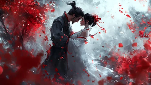 Crimson Embrace: Dichromatic Figural Composition with Particle Suspension.