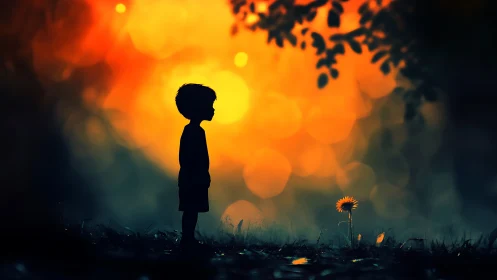 Silhouetted child profile facing single flower at sunset.