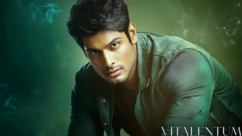 Photorealistic male portrait with cinematic green tonal styling.