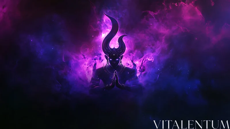 Cosmic horned deity meditates inside violet nebula field.