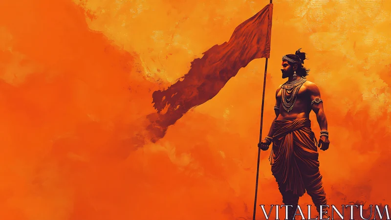 Warrior holds tall flag against intense orange backdrop