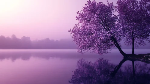 Purple blossom tree mirrored on calm misty lakeside.