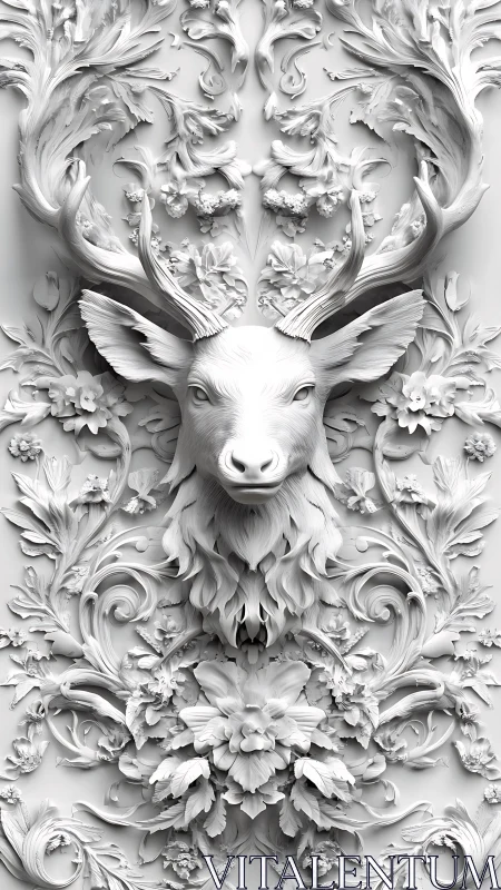 3D sculpted stag relief with ornate botanical baroque symmetry.