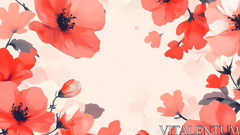 Red Poppies Botanical Border Floral Design.
