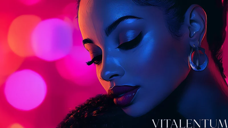 Neon-lit portrait captures contemplative woman in profile.