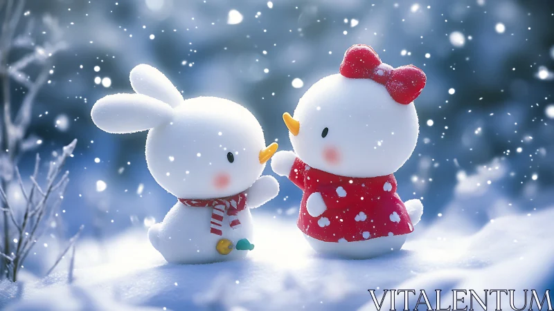 Snowy bunny and kitty share gentle winter friendship.