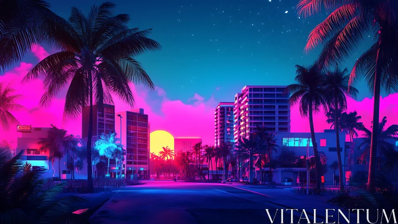 Neon sunset over palm-lined city street with tall towers