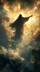 Silhouetted robed figure ascends through luminous storm clouds