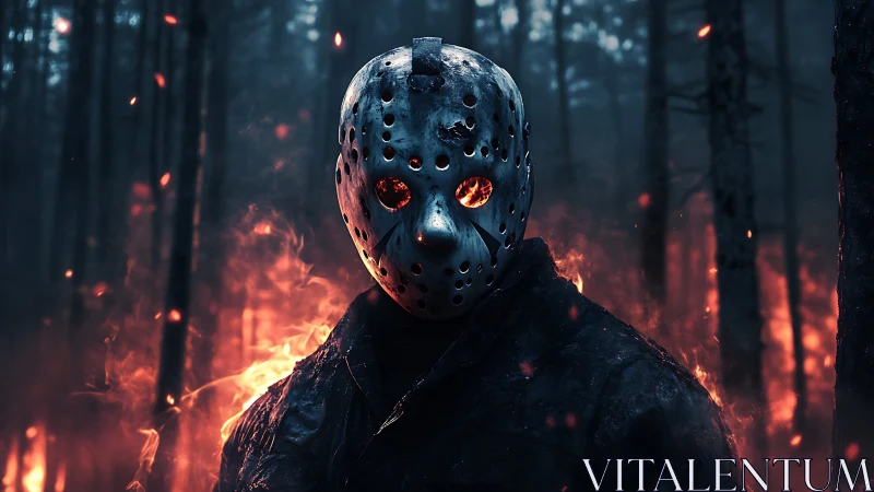 Mask of embers stalks a burning midnight forest scene.