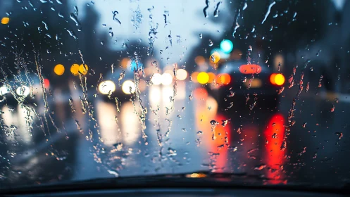 Raindrop-splashed windshield frames neon city traffic blur.