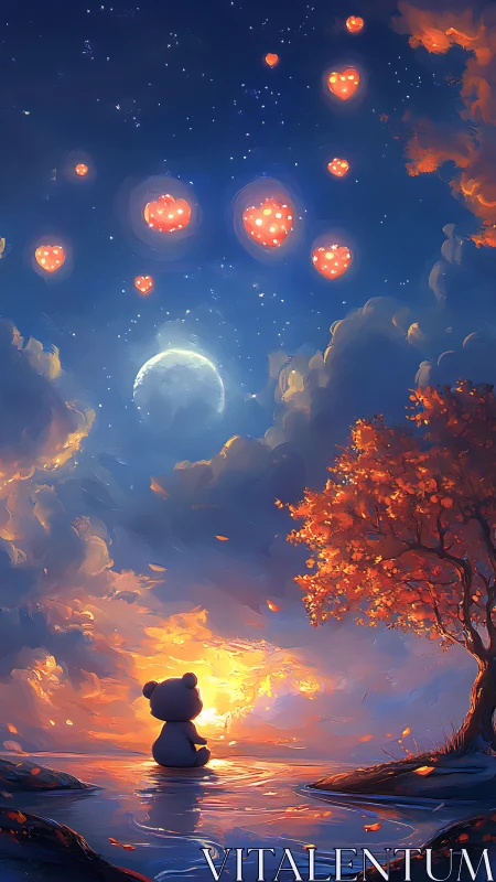 Dreamy bear under heart lanterns in a glowing twilight sky.