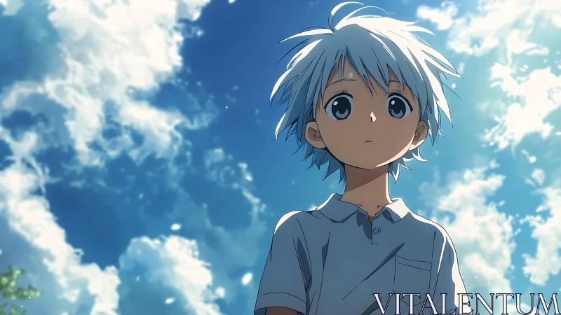 Pensive silver haired anime boy under luminous summer sky