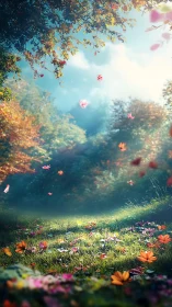 Autumn meadow rendered with volumetric light and depth-of-field control