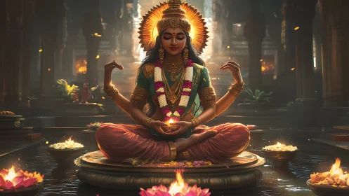 Radiant goddess in serene temple glow welcomes quiet reflection