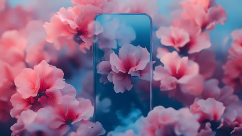 Smartphone displaying pink flowers against blurred floral background.