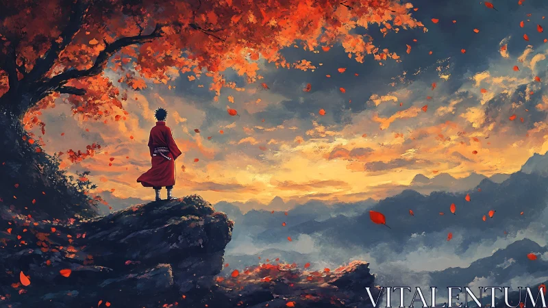 Solitary wanderer gazes over autumn mountains at dusk.