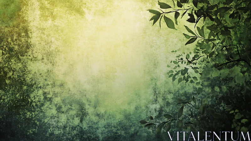 Nature's Textured Veil. Leafy branches frame golden light in grunge composition.