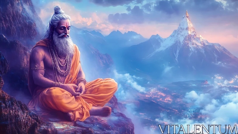 Mystic Himalayan sage in saffron robes above cloud valleys.