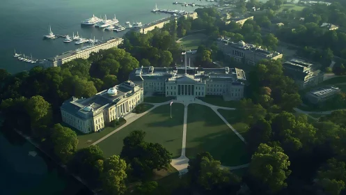 Harborfront academy crown basking in misty emerald light.