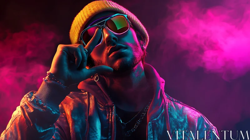 Neon backlit street portrait in vaporwave cyberpunk palette.