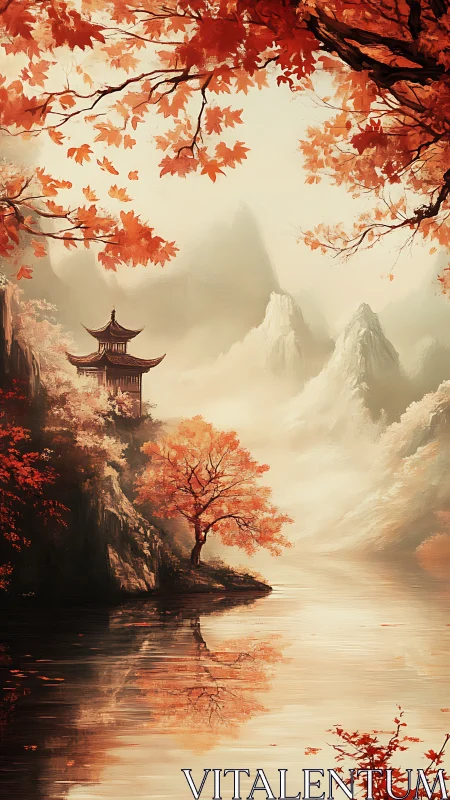 Autumn pagoda dreams drift between misted mountains and water