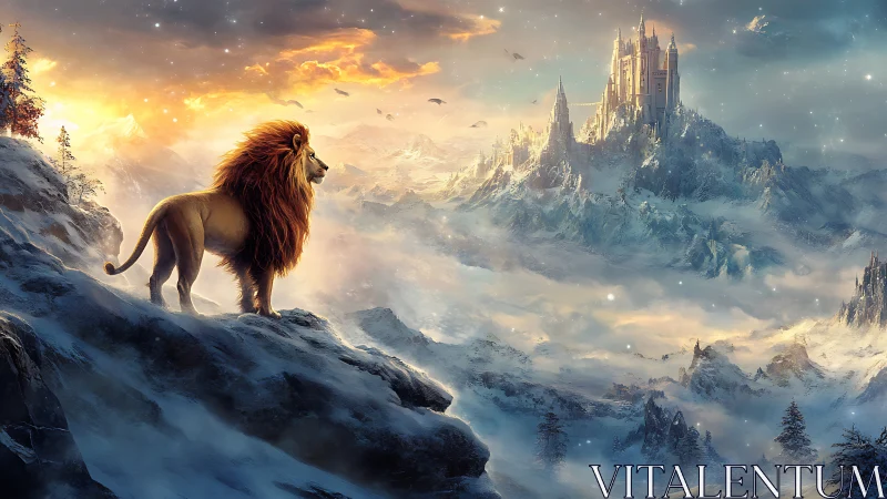 Lion king of winter peaks guarding distant sky castle.