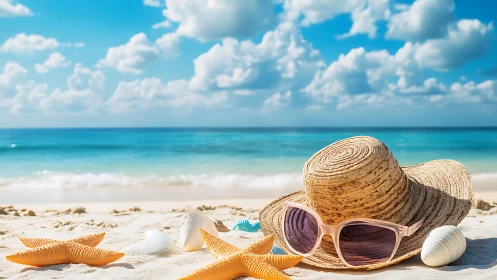 Straw sun hat and sunglasses on sandy tropical beach.